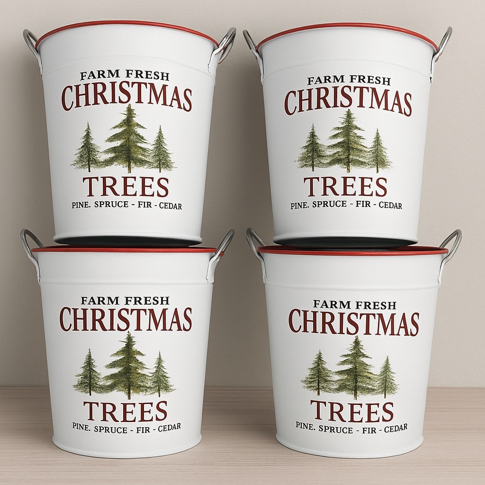 NWOT Set of 4 Farm Fresh‎ Christmas Trees Metal Buckets Holiday Decor